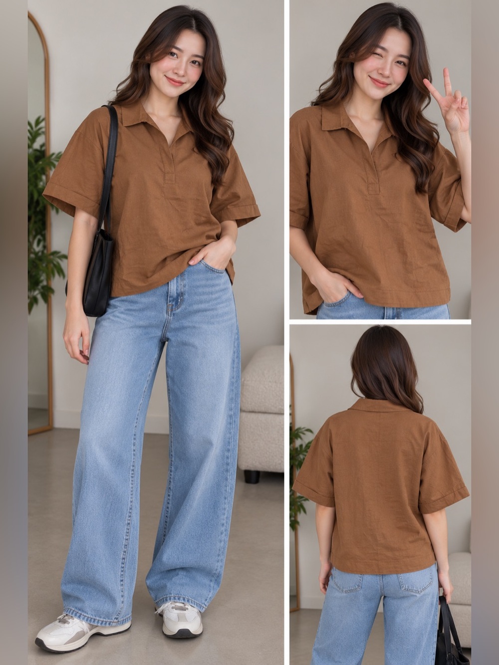 Hyfve- Casual Collared Brown Linen-Blend Top